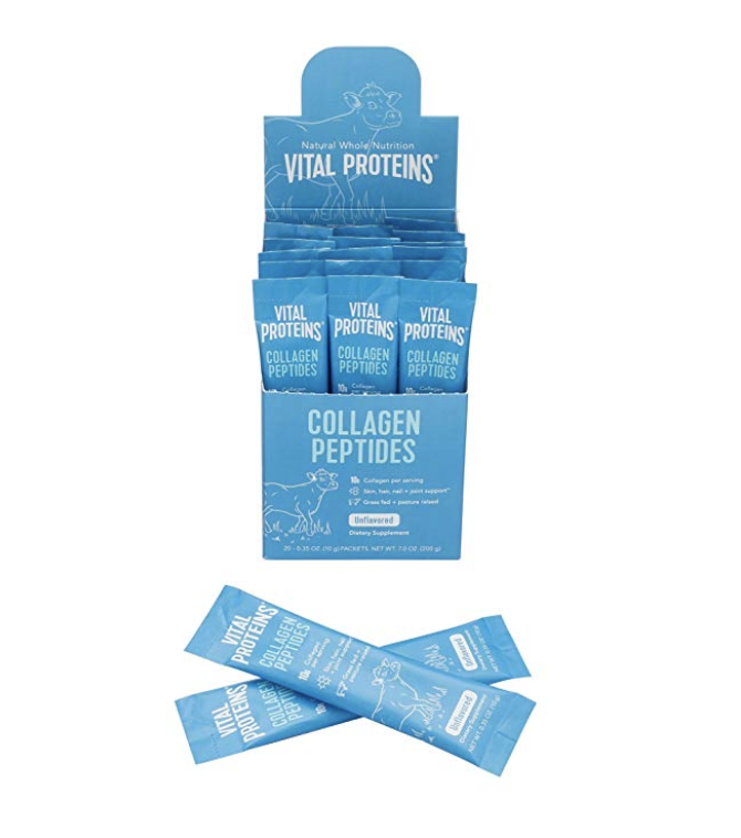 Vital Proteins Collagen Peptides Travel Sticks    These are a must have for me for travel, I use  2 scoops  almost daily in my oatmeal or smoothie, but take these on the road whenever I’m away from home. You can mix them into coffee or tea for a quick and flavorless protein boost.